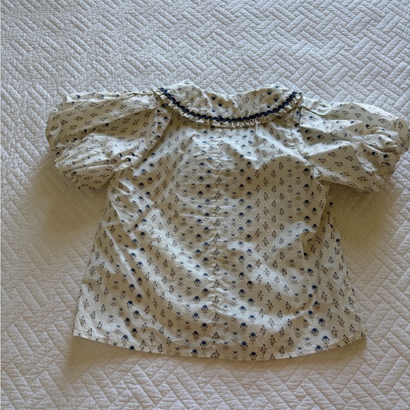 Floral Puff Sleeve Blouse - White and Blue - Picture 7 of 14